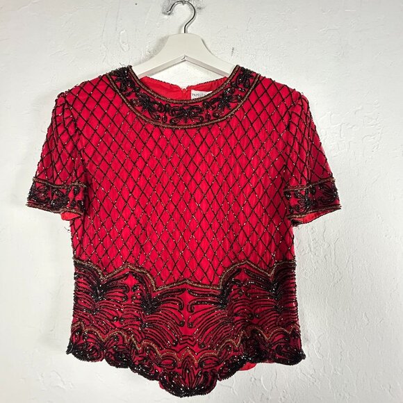 Vintage Papell Boutique Evening Womens Red & Black Short Sleeve Beaded Top Small - Picture 1 of 14